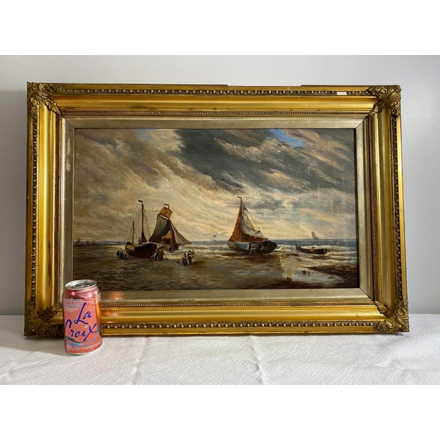 Antique Seascape Oil Painting With Lemon Gold Frame For Sale - Image 11 of 13