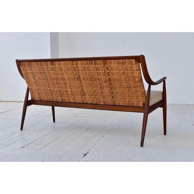 Mid-Century Modern Rare Vintage Teak + Cane Back Sofa by Peter Hvidt + Orla Mølgaard-Nielsen for France + Daverkosen, Retailed by John Stuart Inc., Circa 1950s For Sale - Image 3 of 12