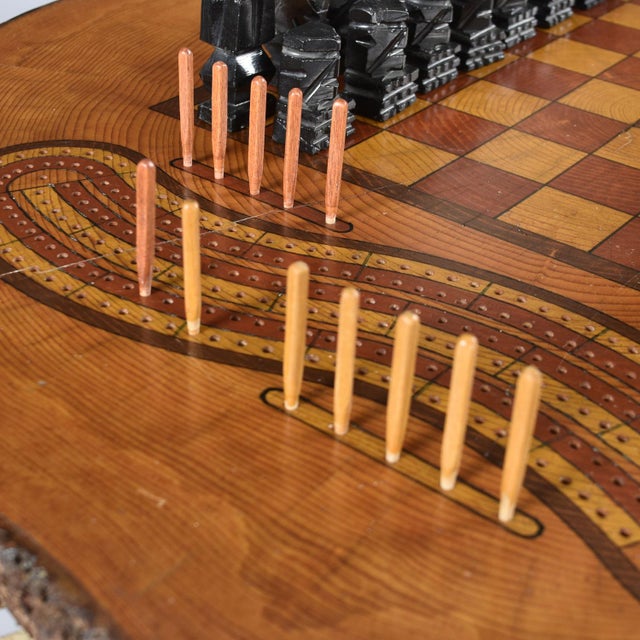 Hand Made Chess and Cribbage Live Edge Game Table on Tree Stump With Pieces For Sale - Image 6 of 17