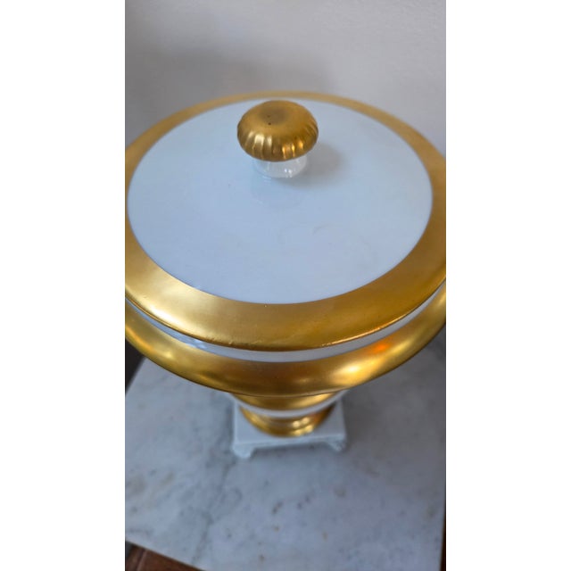 Vintage Belgian Cerabel Baudour White and Gold Empire-Style Covered Porcelain Urn For Sale - Image 11 of 18