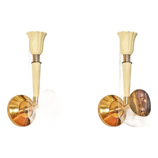 Sconces in Glass, Brass and Cream Metal from Stilnovo, Italy, 1950s, Set of 2 For Sale