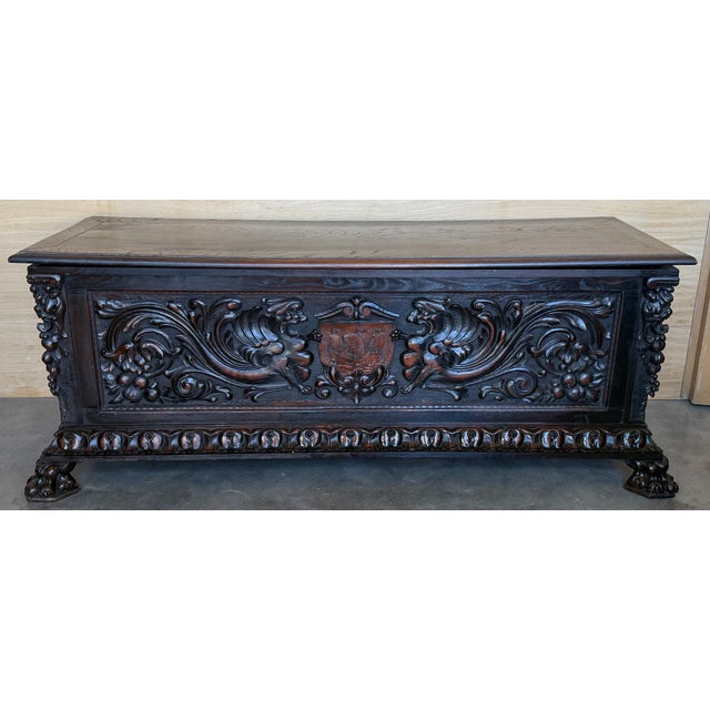 19th Spanish Baroque Carved Large Hall Bench With Storage For Sale - Image 4 of 15