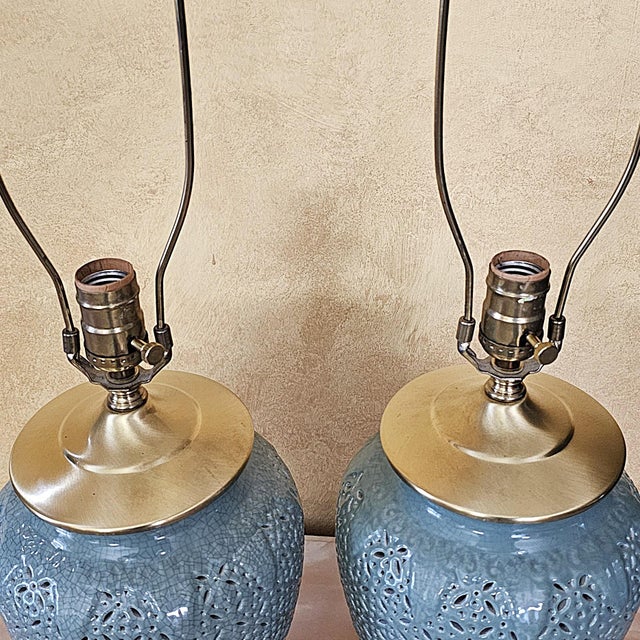 Celadon Late 20th Century Reticulated Celadon Chinoiserie Porcelain Table Lamps With Pleated Shades - 29" - a Pair For Sale - Image 8 of 18