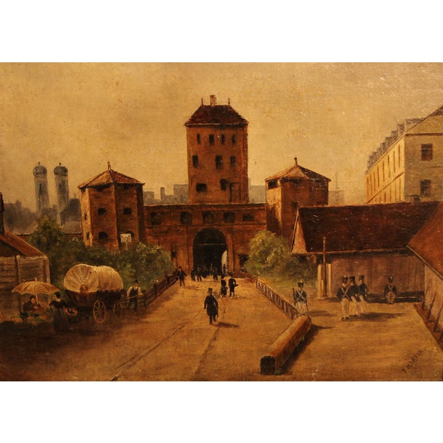 F. Martin, Street Scene at the Isartor in Munich, Early 19th Century, Oil on Canvas, Framed For Sale - Image 9 of 9