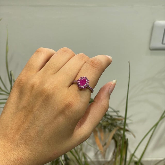 Ruby Red Carat&Her Georgian Style Oval Cut Ruby Halo Cluster Ring in Sterling Silver, Size 7 For Sale - Image 8 of 13