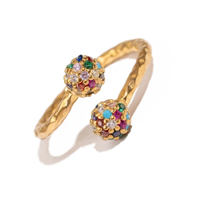 Contemporary Radiant Duo Multi Gemstone & Diamond Gold Adjustable Ring, Size 8 For Sale - Image 3 of 7