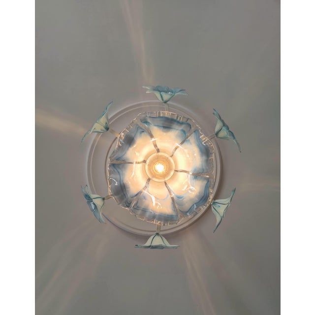 Vintage Murano Style Glass Chandelier, 1980s Blue Floral Lamp, Small Italian Ceiling Light For Sale - Image 11 of 13