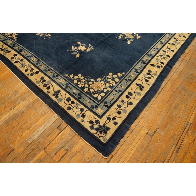 Textile Classic Ivory Blue Color Antique Floral Medallion Pattern Chinese Peking Rug For Sale - Image 7 of 9