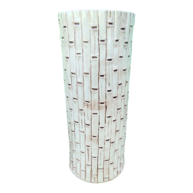 Vintage Ceramic Faux Bamboo Off White Tan Umbrella Stand Holder For Sale