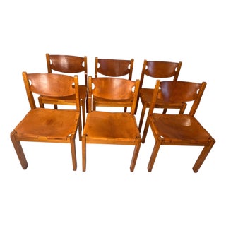 Vintage Chairs in Elm and Leather by Maison Regain, 1970s, Set of 6 For Sale