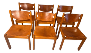 Vintage Chairs in Elm and Leather by Maison Regain, 1970s, Set of 6