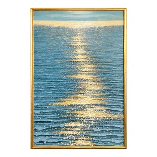 Golden Hour Ocean Reflection | Original Contemporary Textured Oil Painting — By Samuel H. (24" X 36") | Custom Framed For Sale