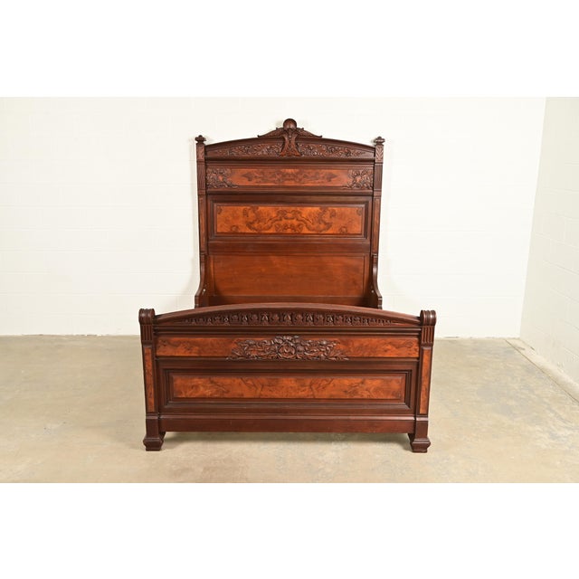 Herter Brothers Bernheimer Collection Antique Eastlake Victorian Carved Walnut and Burl Wood Queen Size Bed, Circa 1880s For Sale - Image 4 of 11