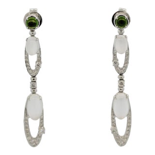 Moonstone Diamond Peridot Gold Dangle Earrings - A Pair For Sale