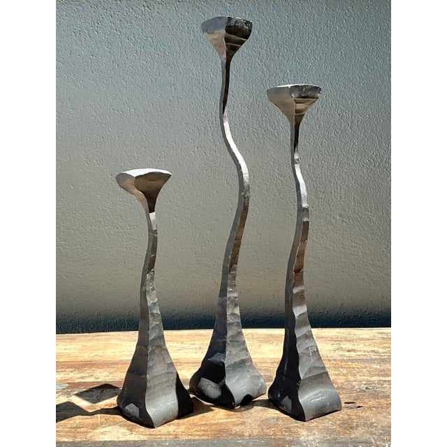 Silver Vintage 1988 Hammered Iron Candlesticks - Set of 3 For Sale - Image 8 of 12