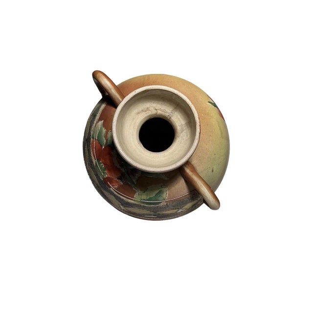 Early 20th Century Antique Japanese Large Floral Double-Handled Art Pottery Vase Nippon Style For Sale - Image 5 of 7