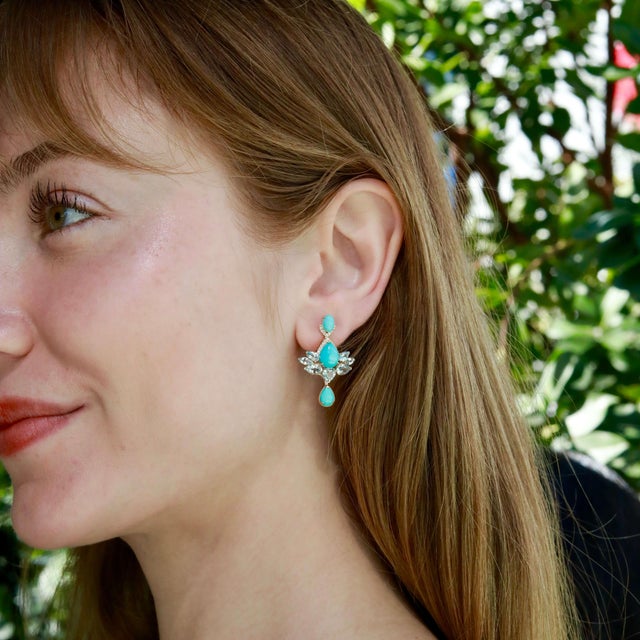 Contemporary Nina Zhou 9.98ctw Aspire Lotus Turquoise Aquamarine Diamond Drop Earrings For Sale - Image 3 of 7