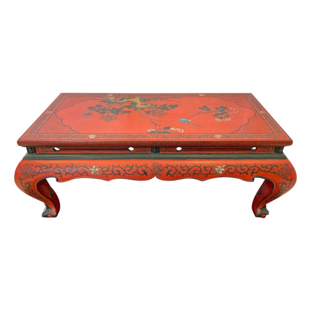 Red Lacquer & Hand Painted Oriental Cocktail Table For Sale
