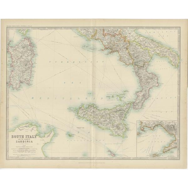 Antique Map of South Italy and the Island of Sardinia by Johnston, 1909 For Sale - Image 3 of 5