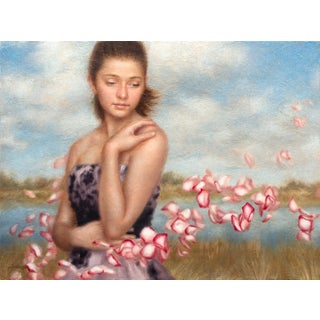 Follow Me by Beth Sistrunk | Oil on panel Young woman with petals by a water landscape. For Sale