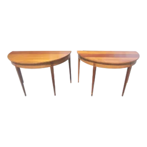 Pair 1930s American Federal Mahogany Inlaid Large Demilune Console Tables or Dining Table