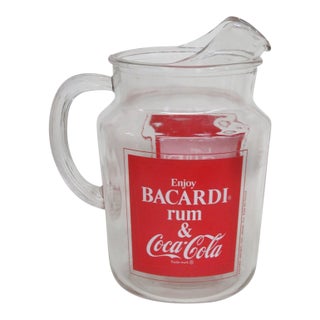 Advertising Glass Pitcher for Bacardi Rum and Coca Cola 1970s Promotion 4865b For Sale
