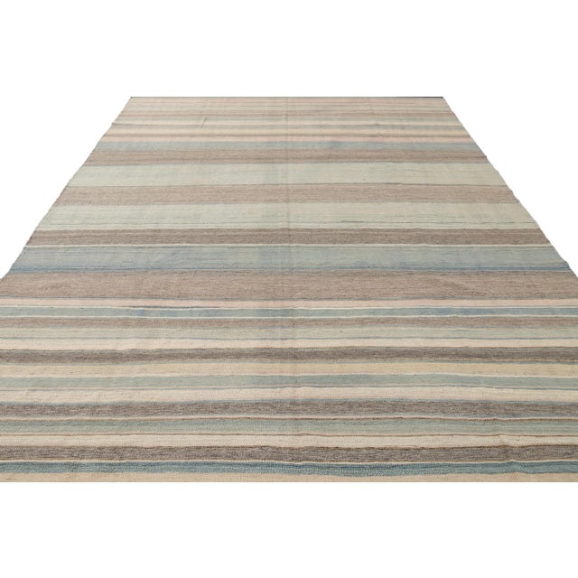 Modern Modern Striped Kilim Handmade Wool Rug With Subtle Tones For Sale - Image 3 of 12