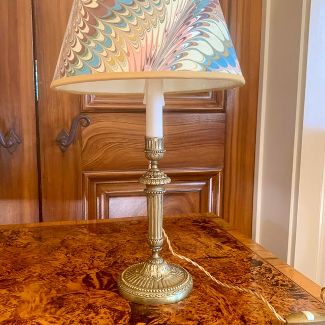 Pair of Louis XVI Period Candlestick Lamps With Marbleized Shades For Sale - Image 12 of 15