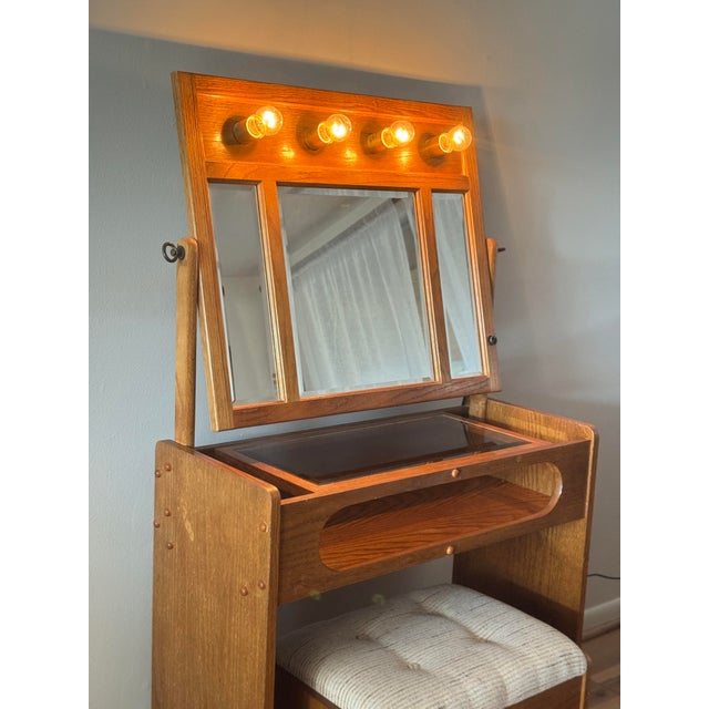 Mid 20th Century Oak Vanity Table With Lighted Adjustable Top Mirror and Upholstered Bench For Sale - Image 4 of 17