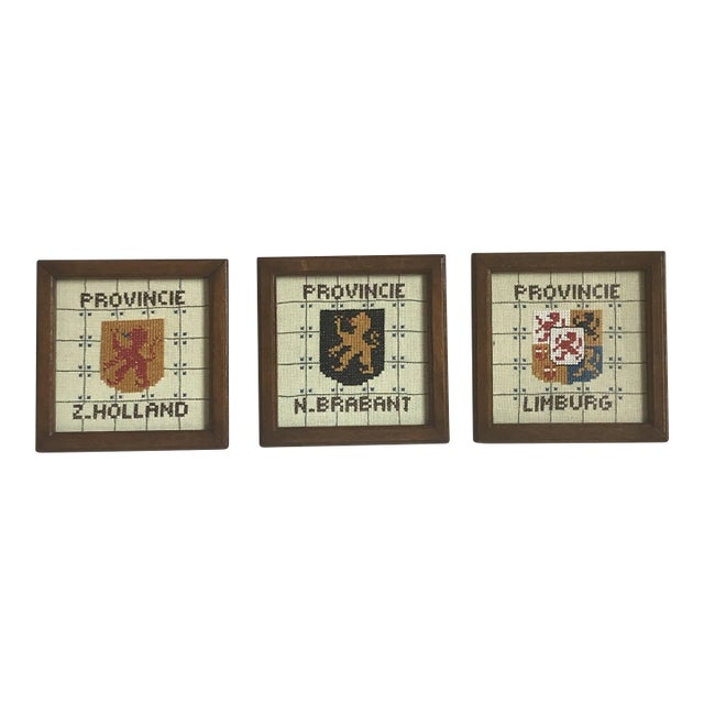 Vintage Dutch Provincial Coat of Arms Needlework Textile Art — Set of Three For Sale