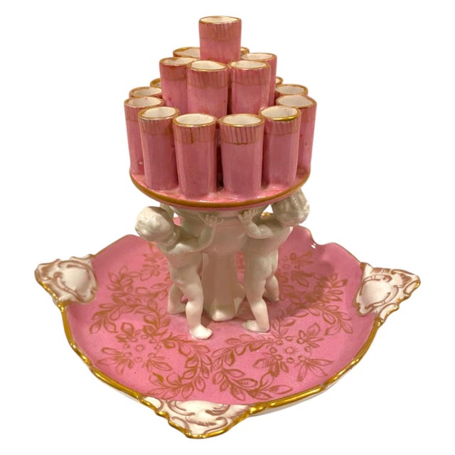 Early 20th Century Antique Carl Thieme Dresden Pink Porcelain Cherub Cigarette Holder / Flower Frog Vase For Sale - Image 5 of 14