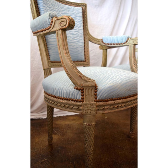 Wood 19th Century Pair of Louis XVI Bright Blue Printed Armchairs, 2 Pieces For Sale - Image 7 of 7