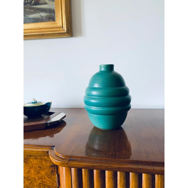 1940s Art Déco Turquoise Faience Vase, France For Sale - Image 4 of 13
