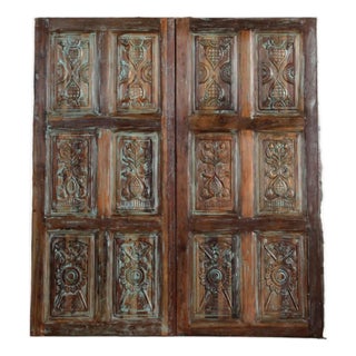 Vintage Carved Wood Doors | Rustic Farmhouse Barn Door With Architectural Detail 80x36 For Sale