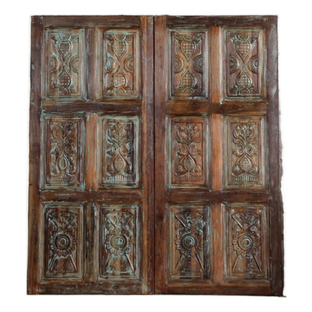 Vintage Carved Wood Doors | Rustic Farmhouse Barn Door With Architectural Detail 80x36 For Sale
