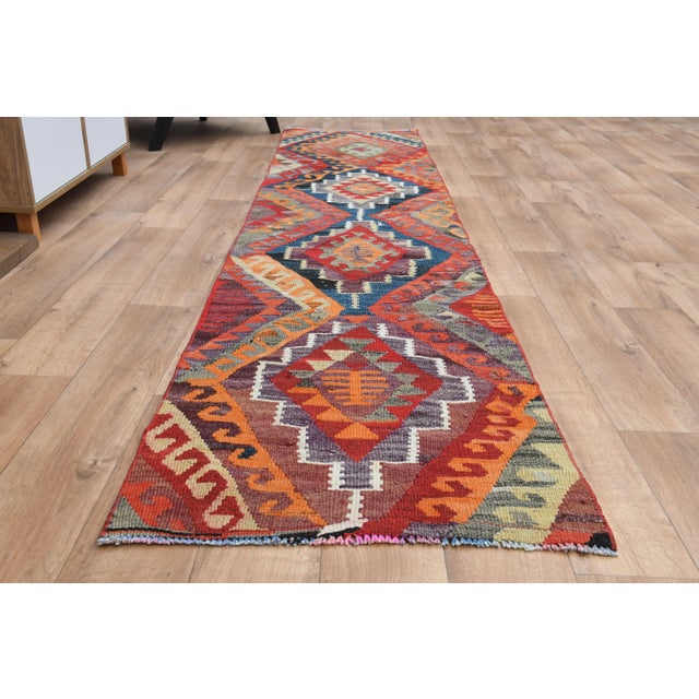 Colorful Orange Turkish Vintage Oushak Handmade Wool Runner Rug For Sale In San Francisco - Image 6 of 11