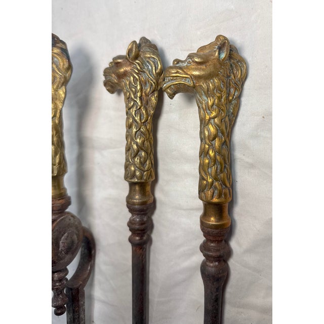 Set of 3 Antique 1800s Brass Steel Figural Dragon Fireplace Tools Poker Tong For Sale In New York - Image 6 of 15