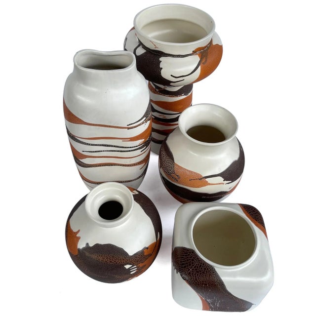 1960s Royal Haeger Pottery Vases W Brown & Russet Drip Glaze on Ivory Ground- Set of 5 For Sale - Image 9 of 12