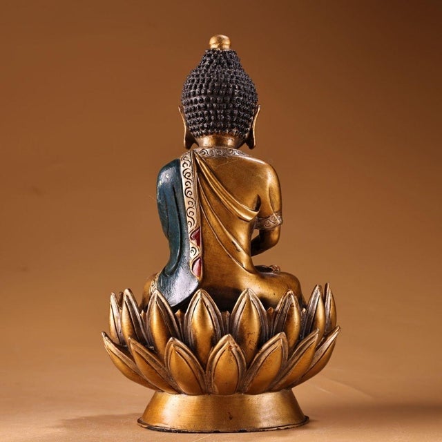 Bronze Vintage Gilt Bronze Shakyamuni Buddha Statue on Lotus Base - Asian Sculpture For Sale - Image 8 of 9