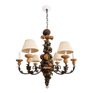 Vintage Italianate Polychrome Carved Wood Fruit & Iron 6-Light Chandelier For Sale
