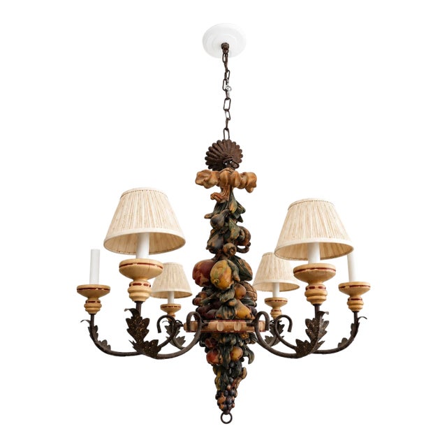 Vintage Italianate Polychrome Carved Wood Fruit & Iron 6-Light Chandelier For Sale