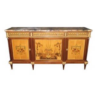 Fine Quality Signed French Made Shallow Marble Top Inlaid Louis XVI Sideboard For Sale
