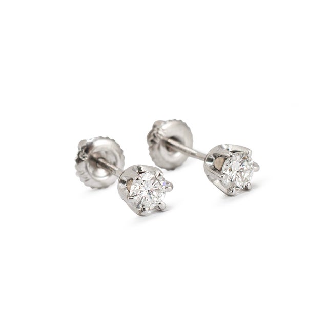 Modern 14k White Gold 6 Prong Screw Back 0.55ct Round Diamond Stud Earrings, A Pair For Sale - Image 3 of 8