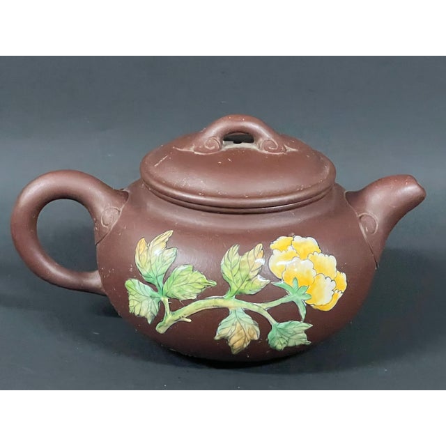 Paint Late 20th Century Chinese Art Yixing Clay Teapot With Enamel Flower Design For Sale - Image 7 of 10