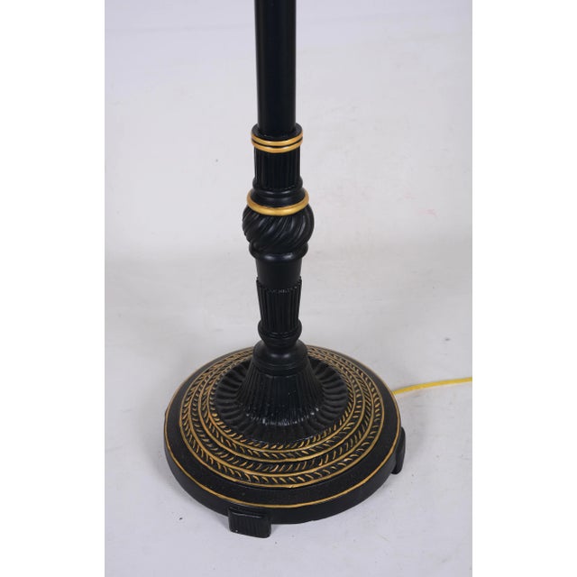 English Vintage Black Pillar Wood Hand-Painted Golden Line Floor Lamp For Sale - Image 3 of 5