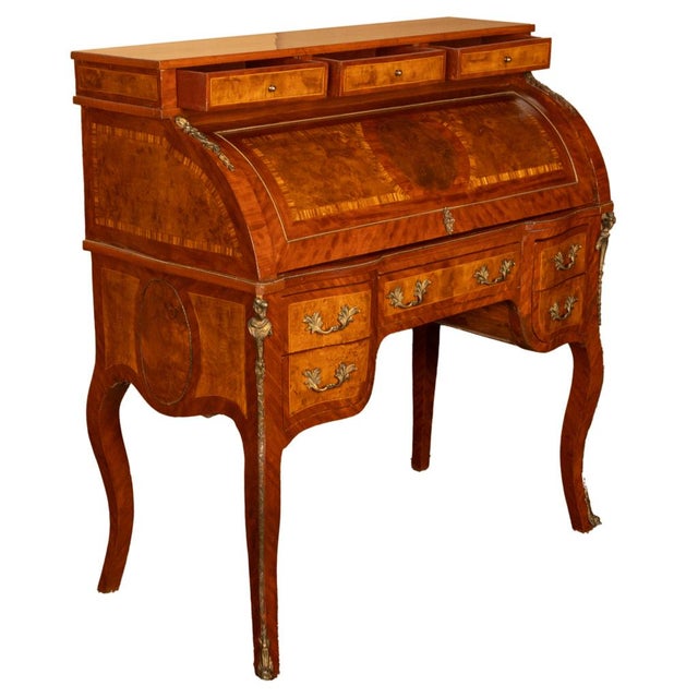 Antique French Louis XV Cylinder Marquetry & Ormolu Bureau Writing Desk 1880 For Sale - Image 13 of 17