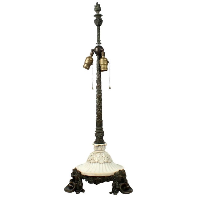 Antique E. F. Caldwell Bronze and Marble Table Lamp with Figural Greek Mask Feet For Sale - Image 11 of 11