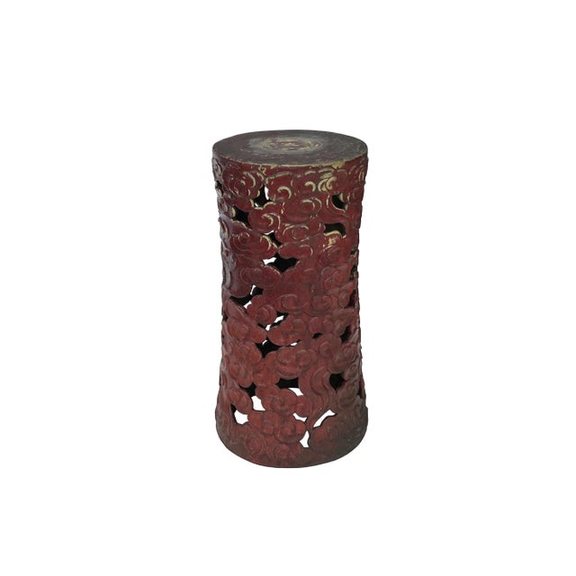 Ceramic Ceramic Brick Red Cloud Scroll Round Tall Pedestal Table Display Stand For Sale - Image 7 of 8