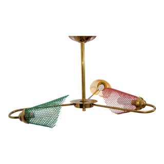Mathieu Matégot Style Chandelier Brass & Green Red Yellow Metal Mesh Shades 1950 For Sale