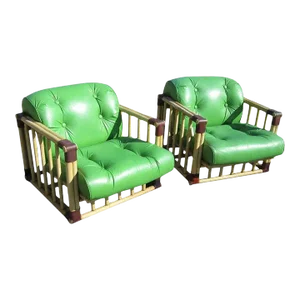 Pair of Original Bamboo Tufted Green Rattan Lounge Chairs by Ficks Reed, 1970's